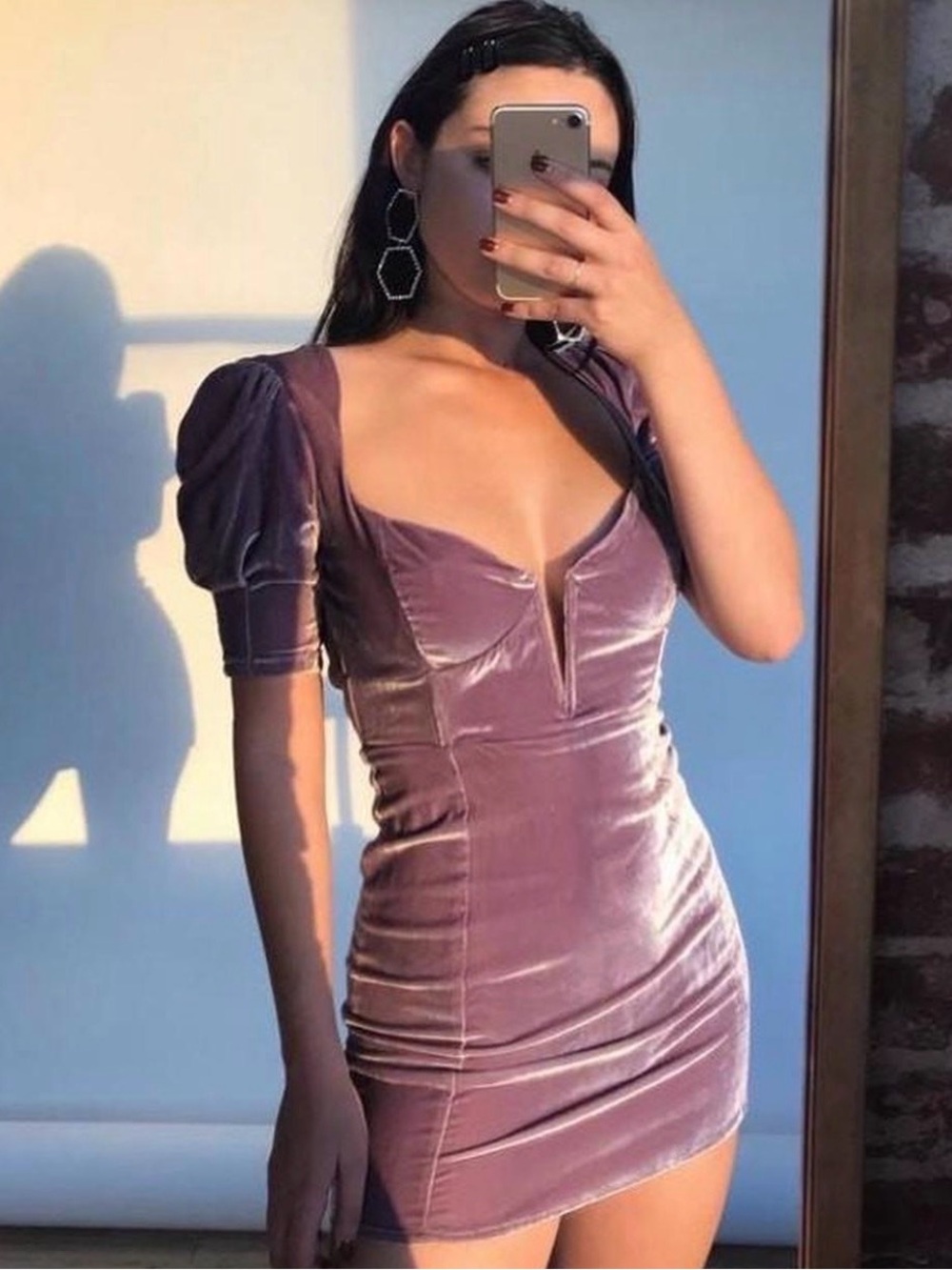 For Love And Lemons Mauve Velvet Puff-Sleeve Mini Dress